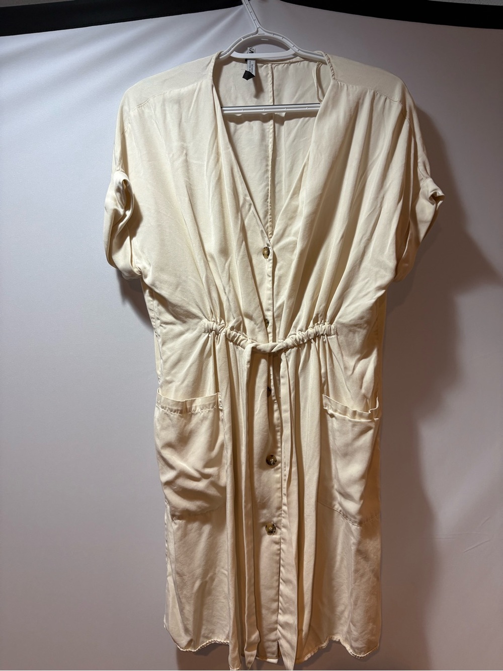 Zara Cream Button-Front Midi Dress with Drawstring Waist